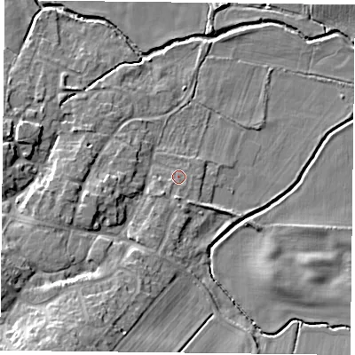 Shaded relief map of the ground around NN73NL, computed from Environment Agency LiDAR. The ground here sits at about 73 m above sea level and falls 16 m across the surrounding 800 m. Surface water reaching this point runs off ground lying to the south, 1.7 m higher.