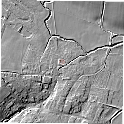 Shaded relief map of the ground around NN73NN, computed from Environment Agency LiDAR. The ground here sits at about 73 m above sea level and falls 17 m across the surrounding 800 m. Surface water reaching this point runs off ground lying to the west-south-west, 14.6 m higher.