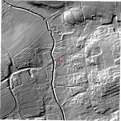 Shaded relief map of the ground around NN73PB, computed from Environment Agency LiDAR. The ground here sits at about 78 m above sea level and falls 23 m across the surrounding 800 m. Surface water reaching this point runs off ground lying to the east-south-east, 19.3 m higher.