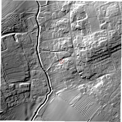Shaded relief map of the ground around NN73PE, computed from Environment Agency LiDAR. The ground here sits at about 81 m above sea level and falls 23 m across the surrounding 800 m. Surface water reaching this point runs off ground lying to the east-north-east, 11.0 m higher.
