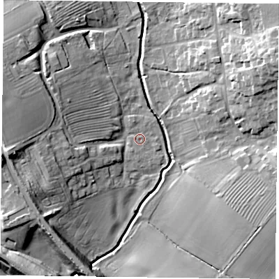 Shaded relief map of the ground around NN73PF, computed from Environment Agency LiDAR. The ground here sits at about 79 m above sea level and falls 20 m across the surrounding 800 m. Surface water reaching this point runs off ground lying to the west, 14.5 m higher.