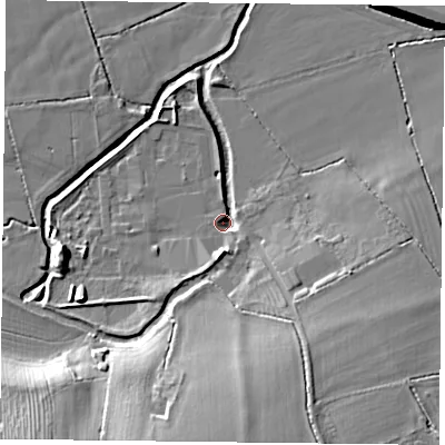 Shaded relief map of the ground around NN73QH, computed from Environment Agency LiDAR. The ground here sits at about 68 m above sea level and falls 15 m across the surrounding 800 m. Surface water reaching this point runs off ground lying to the south, 4.9 m higher.