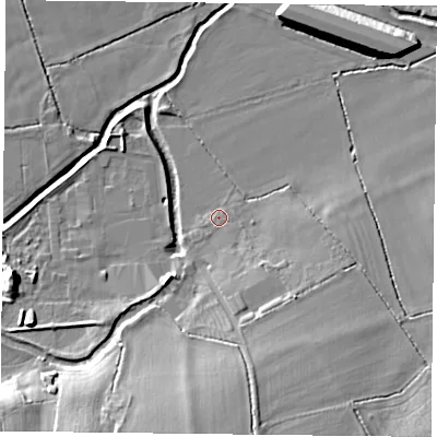 Shaded relief map of the ground around NN73QJ, computed from Environment Agency LiDAR. The ground here sits at about 69 m above sea level and falls 13 m across the surrounding 800 m. Surface water reaching this point runs off ground lying to the south-east, 1.6 m higher.