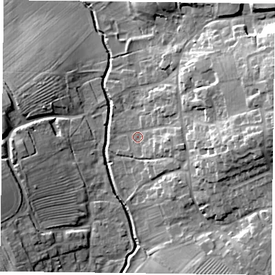 Shaded relief map of the ground around NN73QR, computed from Environment Agency LiDAR. The ground here sits at about 79 m above sea level and falls 22 m across the surrounding 800 m. Surface water reaching this point runs off ground lying to the east-south-east, 6.8 m higher.