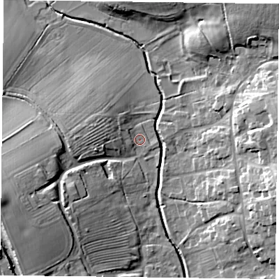 Shaded relief map of the ground around NN73RG, computed from Environment Agency LiDAR. The ground here sits at about 78 m above sea level and falls 21 m across the surrounding 800 m. Surface water reaching this point runs off ground lying to the west-south-west, 17.7 m higher.
