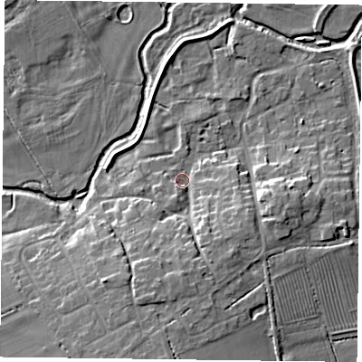 Shaded relief map of the ground around NN74AD, computed from Environment Agency LiDAR. The ground here sits at about 66 m above sea level and falls 11 m across the surrounding 800 m. Surface water reaching this point runs off ground lying to the south-south-west, 8.0 m higher.