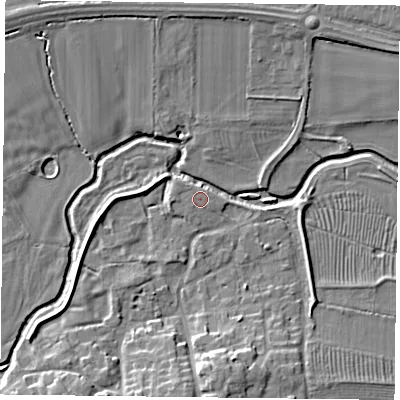 Shaded relief map of the ground around NN74AF, computed from Environment Agency LiDAR. The ground here sits at about 66 m above sea level and falls 10 m across the surrounding 800 m. Surface water reaching this point runs off ground lying to the north-north-west, 0.5 m higher.