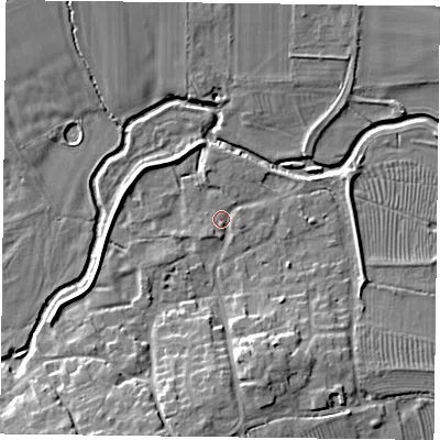 Shaded relief map of the ground around NN74AG, computed from Environment Agency LiDAR. The ground here sits at about 65 m above sea level and falls 10 m across the surrounding 800 m. Surface water reaching this point runs off ground lying to the south-south-west, 9.0 m higher.