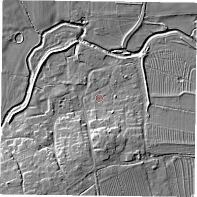 Shaded relief map of the ground around NN74AJ, computed from Environment Agency LiDAR. The ground here sits at about 65 m above sea level and falls 11 m across the surrounding 800 m. Surface water reaching this point runs off ground lying to the south, 6.2 m higher.