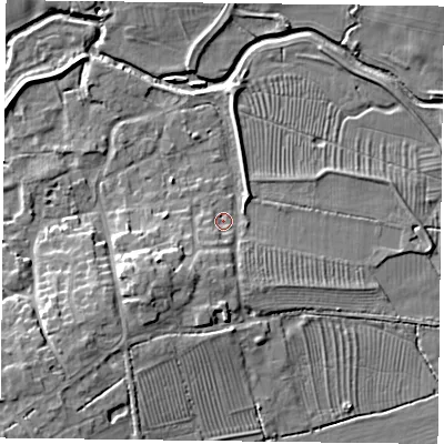 Shaded relief map of the ground around NN74AL, computed from Environment Agency LiDAR. The ground here sits at about 66 m above sea level and falls 11 m across the surrounding 800 m. Surface water reaching this point runs off ground lying to the south-south-west, 5.0 m higher.