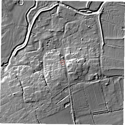 Shaded relief map of the ground around NN74AQ, computed from Environment Agency LiDAR. The ground here sits at about 69 m above sea level and falls 12 m across the surrounding 800 m. Surface water reaching this point runs off ground lying to the south-south-west, 6.4 m higher.