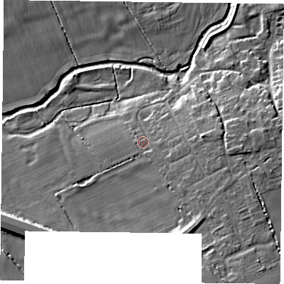 Shaded relief map of the ground around NN74AT, computed from Environment Agency LiDAR. The ground here sits at about 70 m above sea level and falls 13 m across the surrounding 800 m. Surface water reaching this point runs off ground lying to the east, 4.2 m higher.