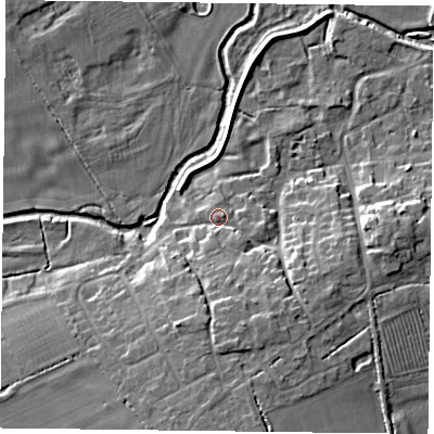 Shaded relief map of the ground around NN74BB, computed from Environment Agency LiDAR. The ground here sits at about 68 m above sea level and falls 12 m across the surrounding 800 m. Surface water reaching this point runs off ground lying to the south, 4.8 m higher.