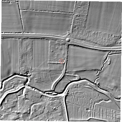 Shaded relief map of the ground around NN74BE, computed from Environment Agency LiDAR. The ground here sits at about 66 m above sea level and falls 12 m across the surrounding 800 m. Surface water reaching this point runs off ground lying to the north, 2.8 m higher.