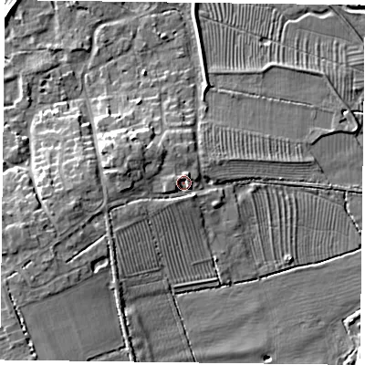 Shaded relief map of the ground around NN74BJ, computed from Environment Agency LiDAR. The ground here sits at about 69 m above sea level and falls 12 m across the surrounding 800 m. Surface water reaching this point runs off ground lying to the west-north-west, 4.1 m higher.