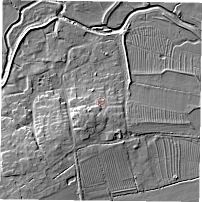 Shaded relief map of the ground around NN74BQ, computed from Environment Agency LiDAR. The ground here sits at about 68 m above sea level and falls 11 m across the surrounding 800 m. Surface water reaching this point runs off ground lying to the south-south-west, 4.5 m higher.