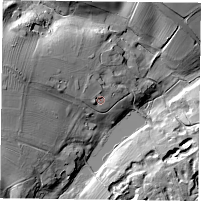 Shaded relief map of the ground around NN74EF, computed from Environment Agency LiDAR. The ground here sits at about 100 m above sea level and falls 35 m across the surrounding 800 m. Surface water reaching this point runs off ground lying to the west-north-west, 13.6 m higher.