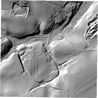 Shaded relief map of the ground around NN74EH, computed from Environment Agency LiDAR. The ground here sits at about 93 m above sea level and falls 24 m across the surrounding 800 m. Surface water reaching this point runs off ground lying to the south-south-east, 20.8 m higher.