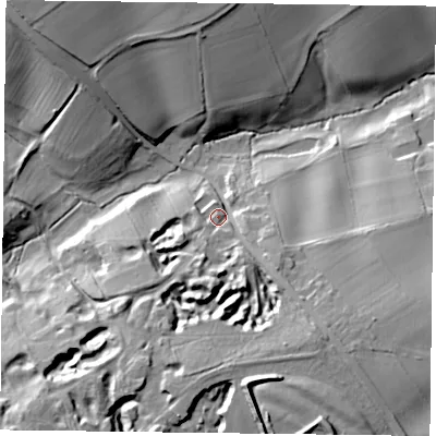 Shaded relief map of the ground around NN74EP, computed from Environment Agency LiDAR. The ground here sits at about 91 m above sea level and falls 33 m across the surrounding 800 m. Surface water reaching this point runs off ground lying to the south, 17.5 m higher.