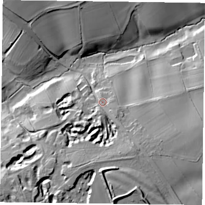 Shaded relief map of the ground around NN74EW, computed from Environment Agency LiDAR. The ground here sits at about 94 m above sea level and falls 34 m across the surrounding 800 m. Surface water reaching this point runs off ground lying to the south, 14.0 m higher.