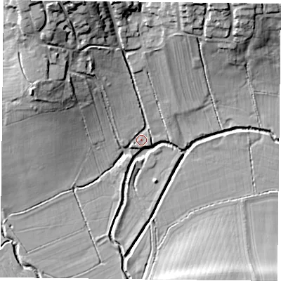 Shaded relief map of the ground around NN74GL, computed from Environment Agency LiDAR. The ground here sits at about 76 m above sea level and falls 24 m across the surrounding 800 m. Surface water reaching this point runs off ground lying to the north-west, 23.7 m higher.