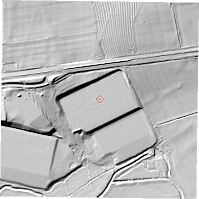 Shaded relief map of the ground around NN74GN, computed from Environment Agency LiDAR. The ground here sits at about 76 m above sea level and falls 23 m across the surrounding 800 m. Surface water reaching this point runs off ground lying to the north-north-west, 4.8 m higher.