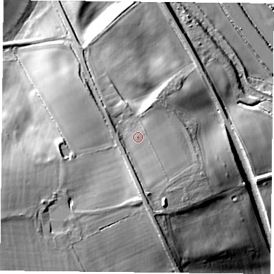 Shaded relief map of the ground around NN74LB, computed from Environment Agency LiDAR. The ground here sits at about 112 m above sea level and falls 40 m across the surrounding 800 m. Surface water reaching this point runs off ground lying to the south, 6.8 m higher.