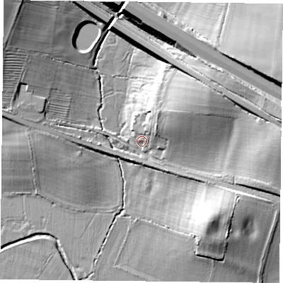 Shaded relief map of the ground around NN74LP, computed from Environment Agency LiDAR. The ground here sits at about 79 m above sea level and falls 20 m across the surrounding 800 m. Surface water reaching this point runs off ground lying to the north-west, 17.3 m higher.