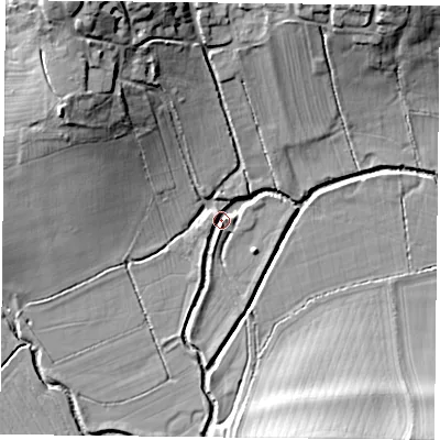 Shaded relief map of the ground around NN74LY, computed from Environment Agency LiDAR. The ground here sits at about 75 m above sea level and falls 22 m across the surrounding 800 m. Surface water reaching this point runs off ground lying to the south, 3.6 m higher.