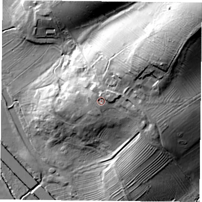 Shaded relief map of the ground around NN74NS, computed from Environment Agency LiDAR. The ground here sits at about 109 m above sea level and falls 47 m across the surrounding 800 m. Surface water reaching this point runs off ground lying to the north-east, 3.1 m higher.