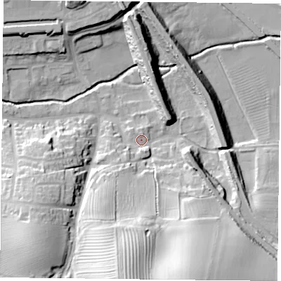 Shaded relief map of the ground around NN74PL, computed from Environment Agency LiDAR. The ground here sits at about 83 m above sea level and falls 38 m across the surrounding 800 m. Surface water reaching this point runs off ground lying to the south, 37.6 m higher.
