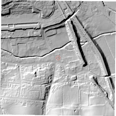 Shaded relief map of the ground around NN74PN, computed from Environment Agency LiDAR. The ground here sits at about 81 m above sea level and falls 31 m across the surrounding 800 m. Surface water reaching this point runs off ground lying to the south-south-west, 25.5 m higher.