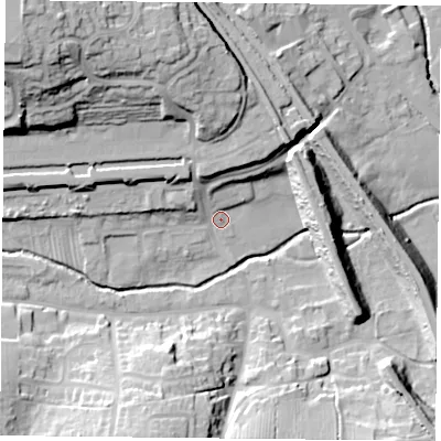 Shaded relief map of the ground around NN74PW, computed from Environment Agency LiDAR. The ground here sits at about 82 m above sea level and falls 36 m across the surrounding 800 m. Surface water reaching this point runs off ground lying to the north-north-west, 19.4 m higher.