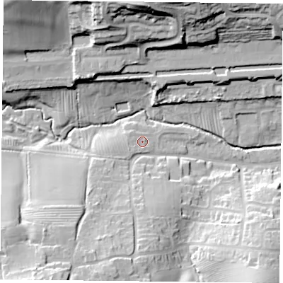 Shaded relief map of the ground around NN74QH, computed from Environment Agency LiDAR. The ground here sits at about 83 m above sea level and falls 37 m across the surrounding 800 m. Surface water reaching this point runs off ground lying to the south-west, 3.6 m higher.