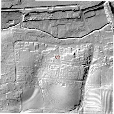 Shaded relief map of the ground around NN74QN, computed from Environment Agency LiDAR. The ground here sits at about 87 m above sea level and falls 40 m across the surrounding 800 m. Surface water reaching this point runs off ground lying to the south-south-east, 14.3 m higher.