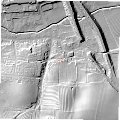 Shaded relief map of the ground around NN74QP, computed from Environment Agency LiDAR. The ground here sits at about 87 m above sea level and falls 42 m across the surrounding 800 m. Surface water reaching this point runs off ground lying to the south, 9.8 m higher.