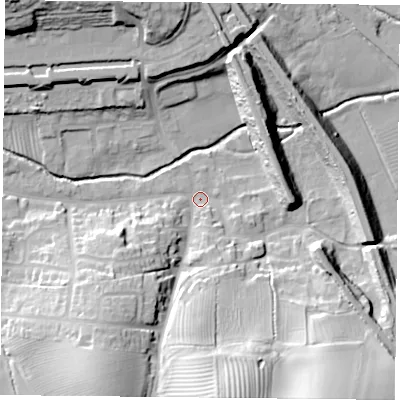 Shaded relief map of the ground around NN74QR, computed from Environment Agency LiDAR. The ground here sits at about 80 m above sea level and falls 33 m across the surrounding 800 m. Surface water reaching this point runs off ground lying to the south, 30.1 m higher.