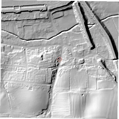 Shaded relief map of the ground around NN74QS, computed from Environment Agency LiDAR. The ground here sits at about 82 m above sea level and falls 40 m across the surrounding 800 m. Surface water reaching this point runs off ground lying to the south-south-east, 35.4 m higher.