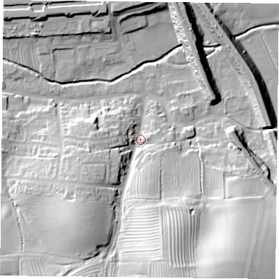 Shaded relief map of the ground around NN74QT, computed from Environment Agency LiDAR. The ground here sits at about 83 m above sea level and falls 41 m across the surrounding 800 m. Surface water reaching this point runs off ground lying to the south-south-east, 35.8 m higher.