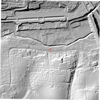 Shaded relief map of the ground around NN74QU, computed from Environment Agency LiDAR. The ground here sits at about 81 m above sea level and falls 32 m across the surrounding 800 m. Surface water reaching this point runs off ground lying to the south, 25.5 m higher.
