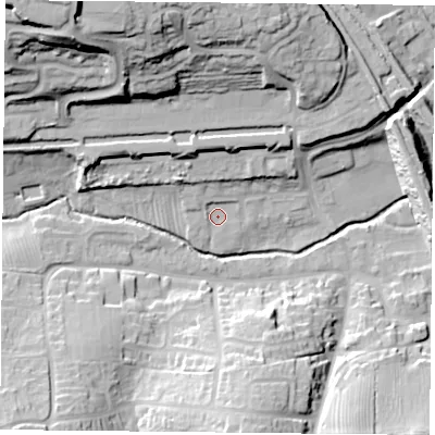 Shaded relief map of the ground around NN74RR, computed from Environment Agency LiDAR. The ground here sits at about 82 m above sea level and falls 40 m across the surrounding 800 m. Surface water reaching this point runs off ground lying to the north-north-west, 4.0 m higher.
