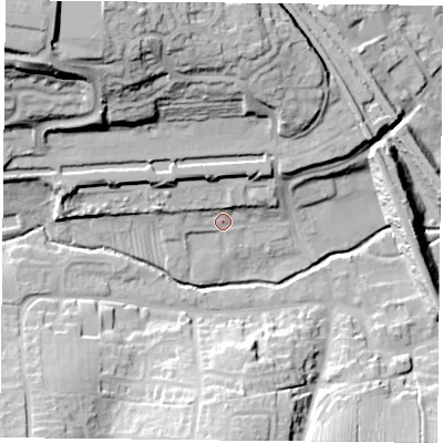Shaded relief map of the ground around NN74RT, computed from Environment Agency LiDAR. The ground here sits at about 83 m above sea level and falls 40 m across the surrounding 800 m. Surface water reaching this point runs off ground lying to the north-north-west, 8.7 m higher.
