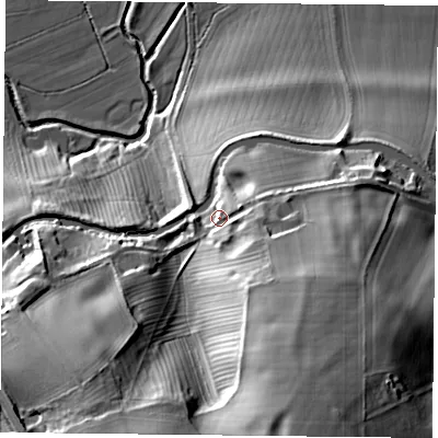 Shaded relief map of the ground around NN74SF, computed from Environment Agency LiDAR. The ground here sits at about 94 m above sea level and falls 43 m across the surrounding 800 m. Surface water reaching this point runs off ground lying to the south-east, 13.3 m higher.