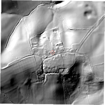 Shaded relief map of the ground around NN74SH, computed from Environment Agency LiDAR. The ground here sits at about 144 m above sea level and falls 39 m across the surrounding 800 m. Surface water reaching this point runs off ground lying to the south, 4.0 m higher.