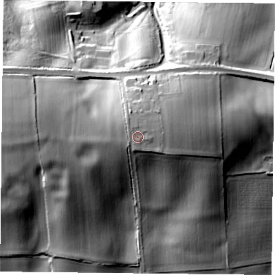 Shaded relief map of the ground around NN74SS, computed from Environment Agency LiDAR. The ground here sits at about 130 m above sea level and falls 41 m across the surrounding 800 m. Surface water reaching this point runs off ground lying to the north-north-west, 2.5 m higher.