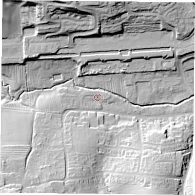 Shaded relief map of the ground around NN74SW, computed from Environment Agency LiDAR. The ground here sits at about 82 m above sea level and falls 38 m across the surrounding 800 m. Surface water reaching this point runs off ground lying to the west-south-west, 1.9 m higher.