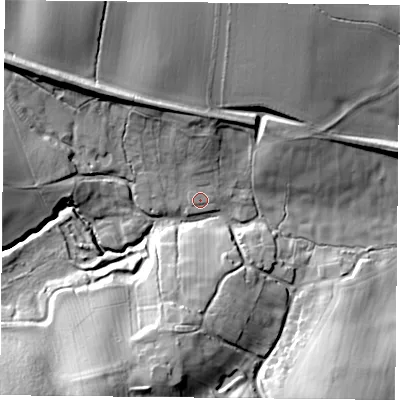 Shaded relief map of the ground around NN74SX, computed from Environment Agency LiDAR. The ground here sits at about 100 m above sea level and falls 28 m across the surrounding 800 m. Surface water reaching this point runs off ground lying to the north-west, 14.3 m higher.