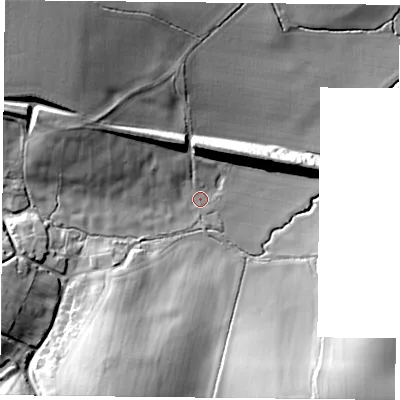 Shaded relief map of the ground around NN74SZ, computed from Environment Agency LiDAR. The ground here sits at about 96 m above sea level and falls 29 m across the surrounding 800 m. Surface water reaching this point runs off ground lying to the north-west, 24.1 m higher.