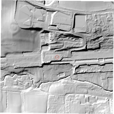 Shaded relief map of the ground around NN74TH, computed from Environment Agency LiDAR. The ground here sits at about 93 m above sea level and falls 41 m across the surrounding 800 m. Surface water reaching this point runs off ground lying to the north, 11.4 m higher.
