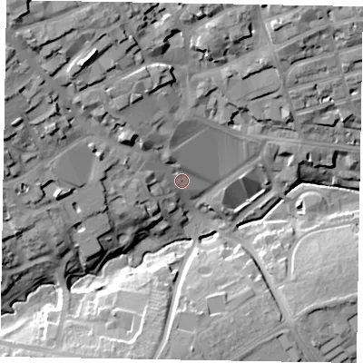 Shaded relief map of the ground around NN81BL, computed from Environment Agency LiDAR. The ground here sits at about 53 m above sea level and falls 33 m across the surrounding 800 m. Surface water reaching this point runs off ground lying to the north-west, 26.3 m higher.